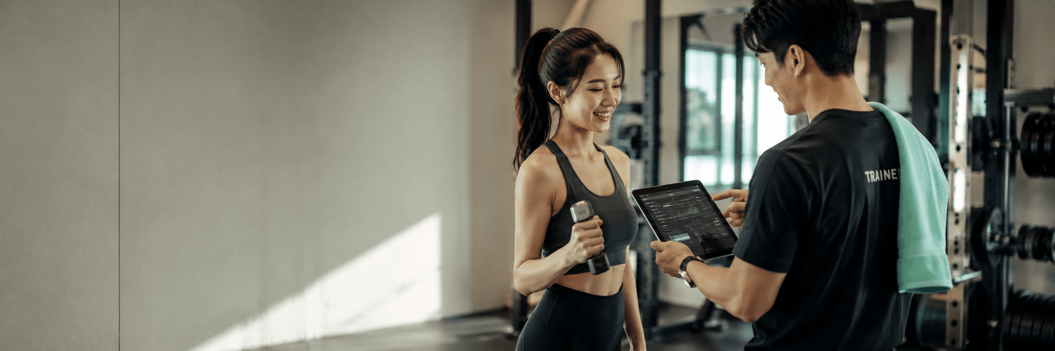 트레이너가 태블릿으로 회원에게 운동 기록을 보여주는 모습